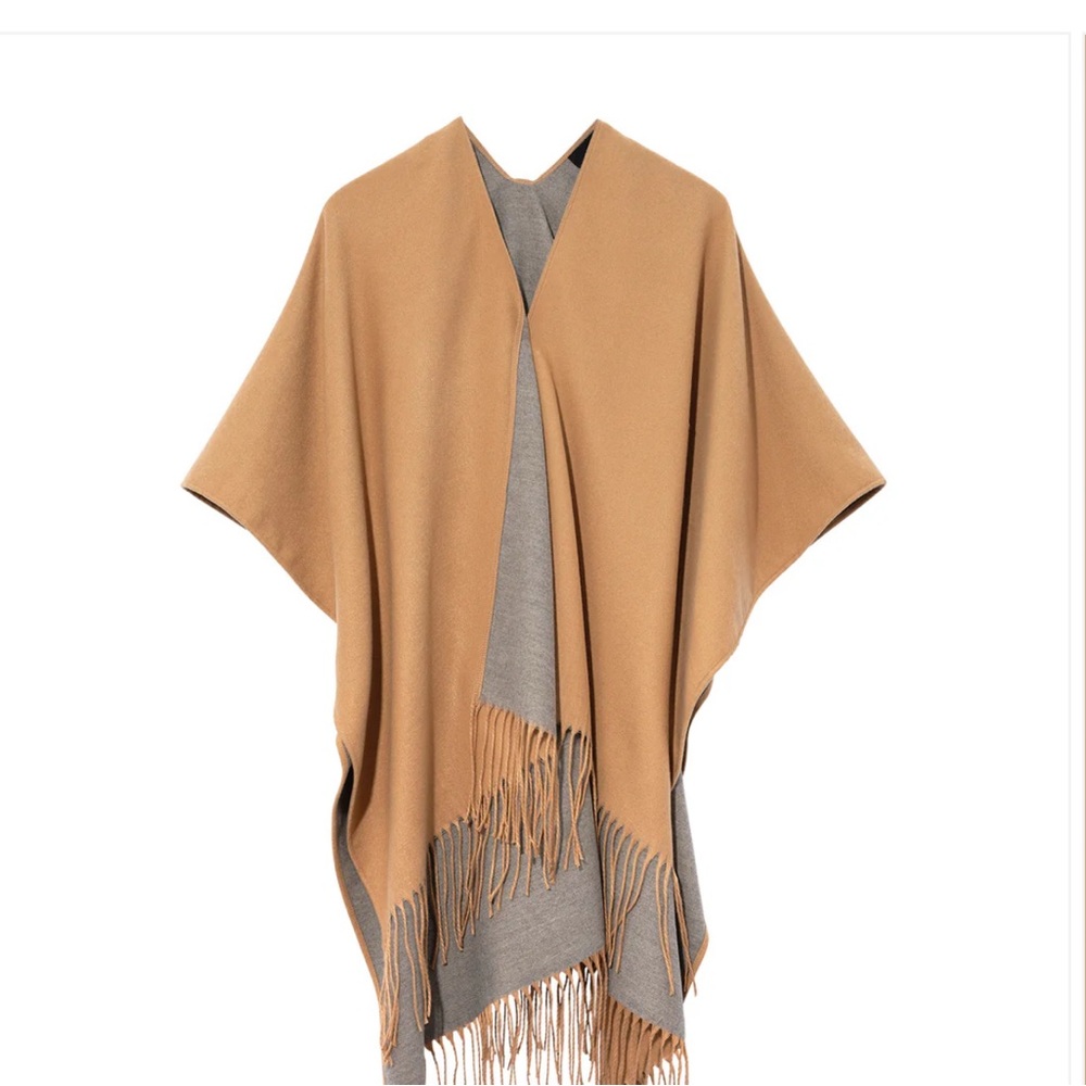 Reversible Tan and Gray Fringe Poncho Sweater